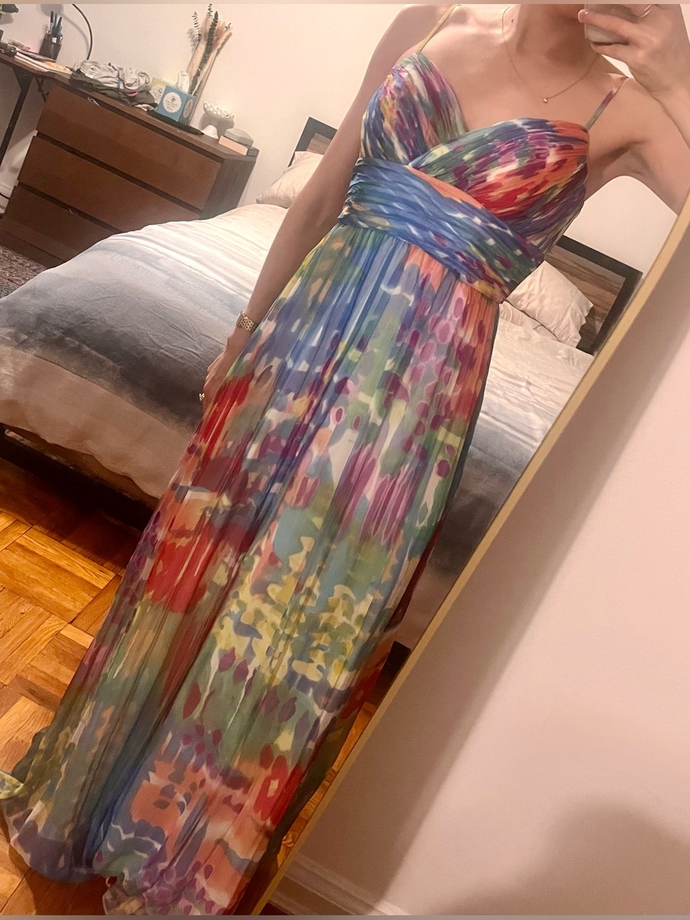 Multicolor Watercolor Maxi Dress with Spaghetti Straps